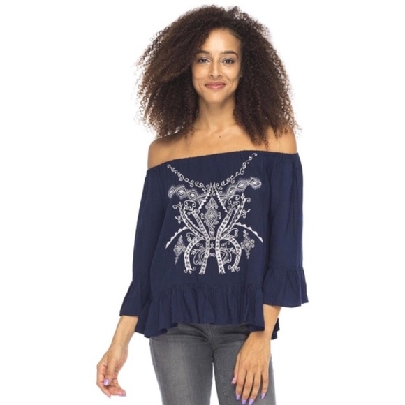 Embroidered Ruffled Hem and Cuffs Off Shoulder Top - Picture 7 of 7